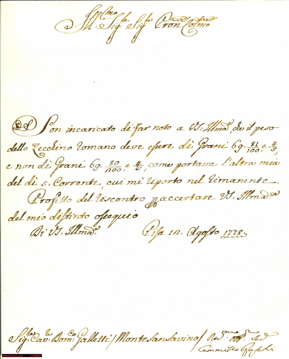 Documento originale, autentico 1778 PISA Lettera Camillo RUSCHI su cambio dello zecchino romano 1