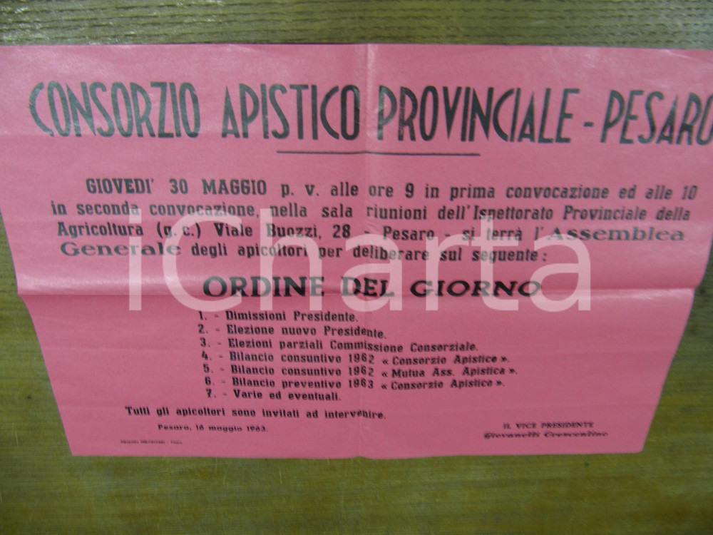 Oggetto da collezione cartaceo 1963 PESARO assemblea CONSORZIO APISTICO PROVINCIALE 1