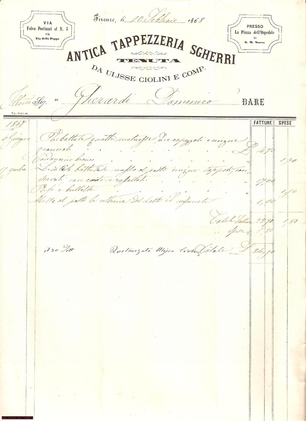 Documento originale, autentico 1868 FIRENZE Antica Tappezzeria SGHERRI Ulisse CIOLINI 1