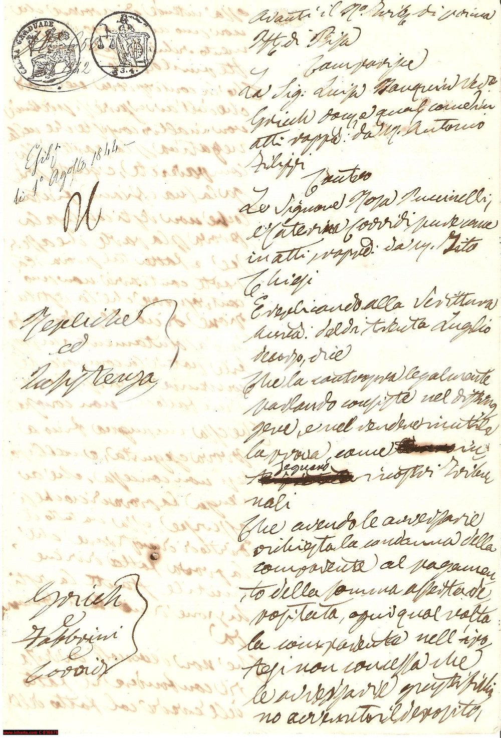 Documento originale, autentico 1844 PISA Ved. Luisa GRICCHI accusata da Rosa FABBRINI 1