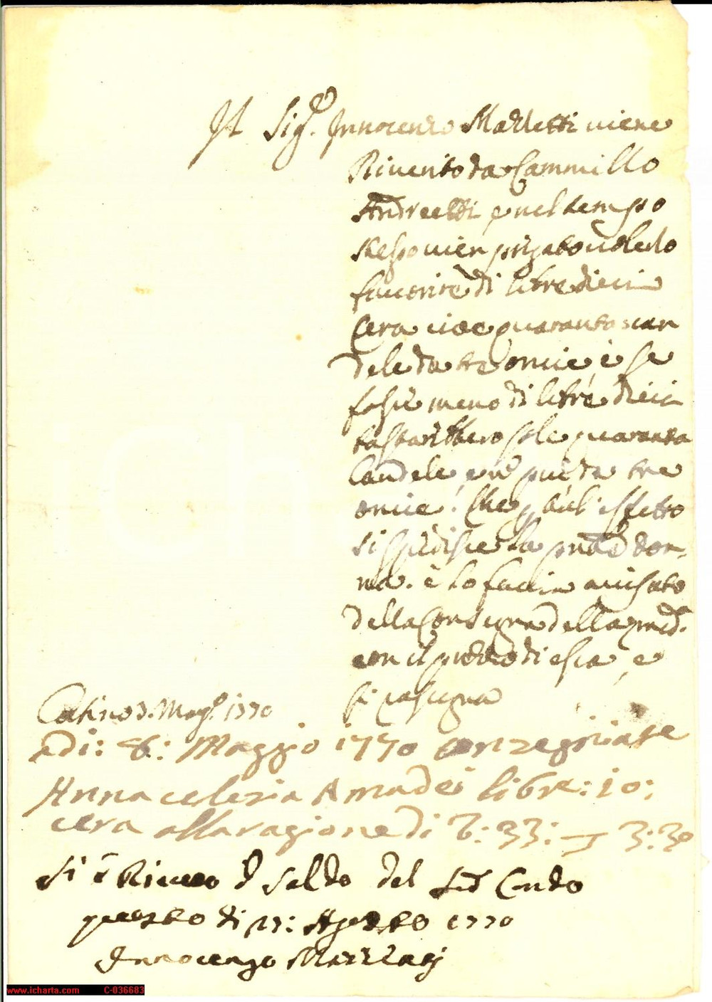 Documento originale, autentico 1770 POGGIO CATINO (RI) conto mercante Marletti candele 1