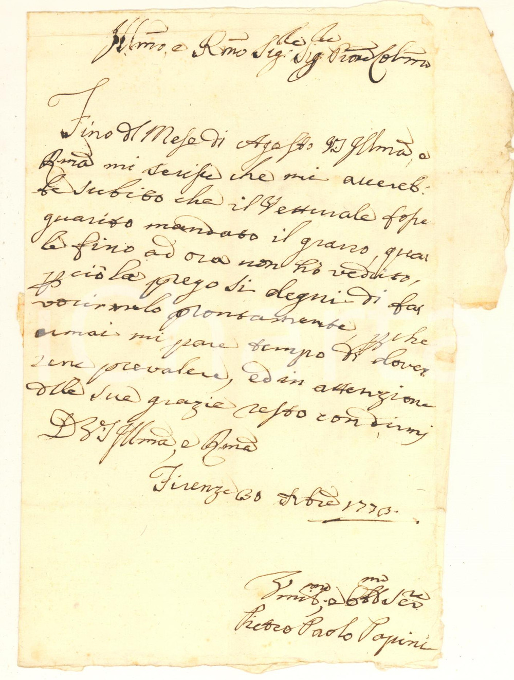 Manoscritto, lettera originale 1773 FIRENZE Pietro Paolo Papini chiede invio grano e minaccia causa Lettera 1