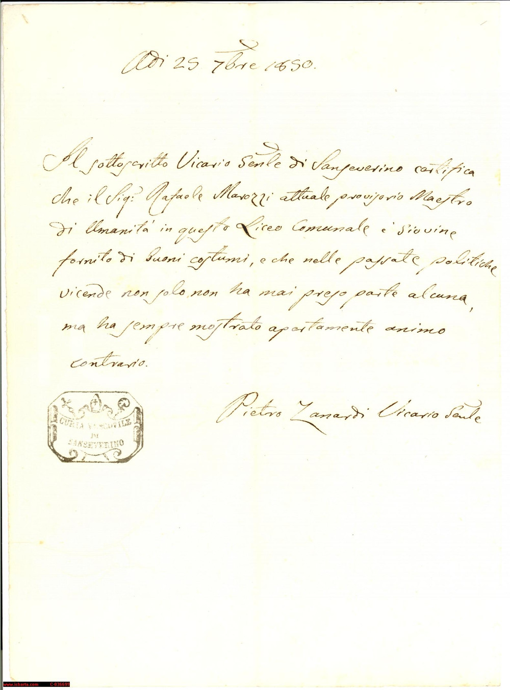 Documento originale, autentico 1850 SAN SEVERINO MARCHE Certificato buona condotta maestro Raffaele MAROZZI 1