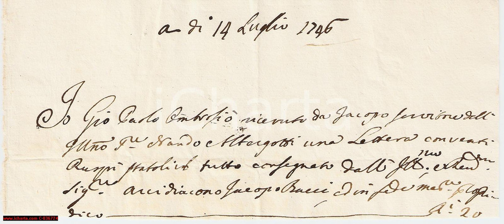 Documento originale, autentico 1746 AREZZO Nando ALBERGOTTI invia ruspi Paolo AMBROSI 1