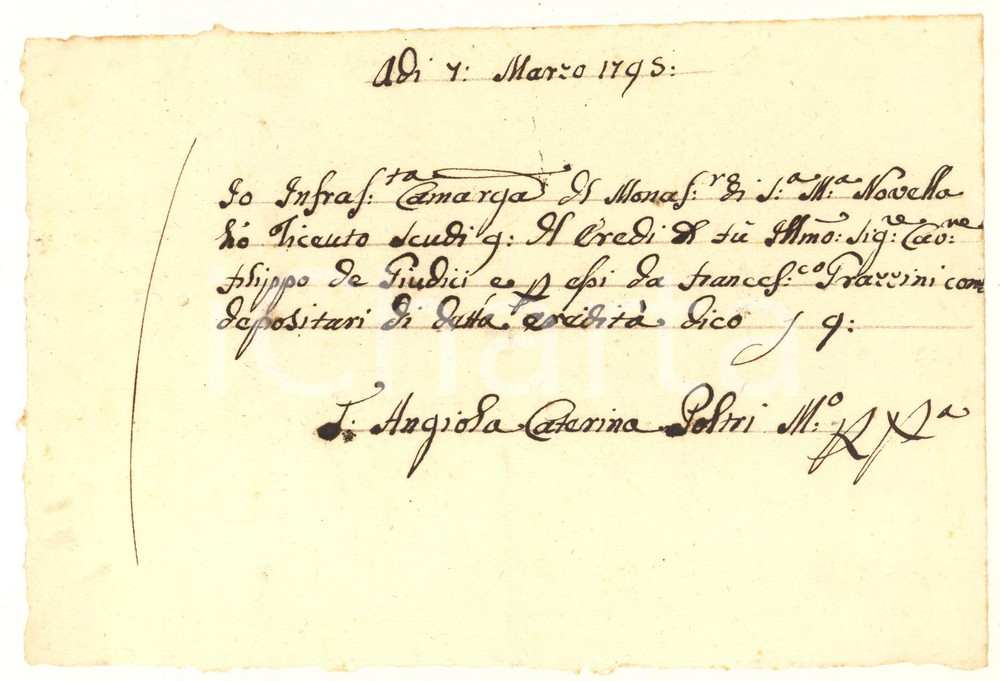 Documento originale, autentico 1795 FIRENZE Eredità a suor Angiola Caterina POLTRI  Ricevuta 1