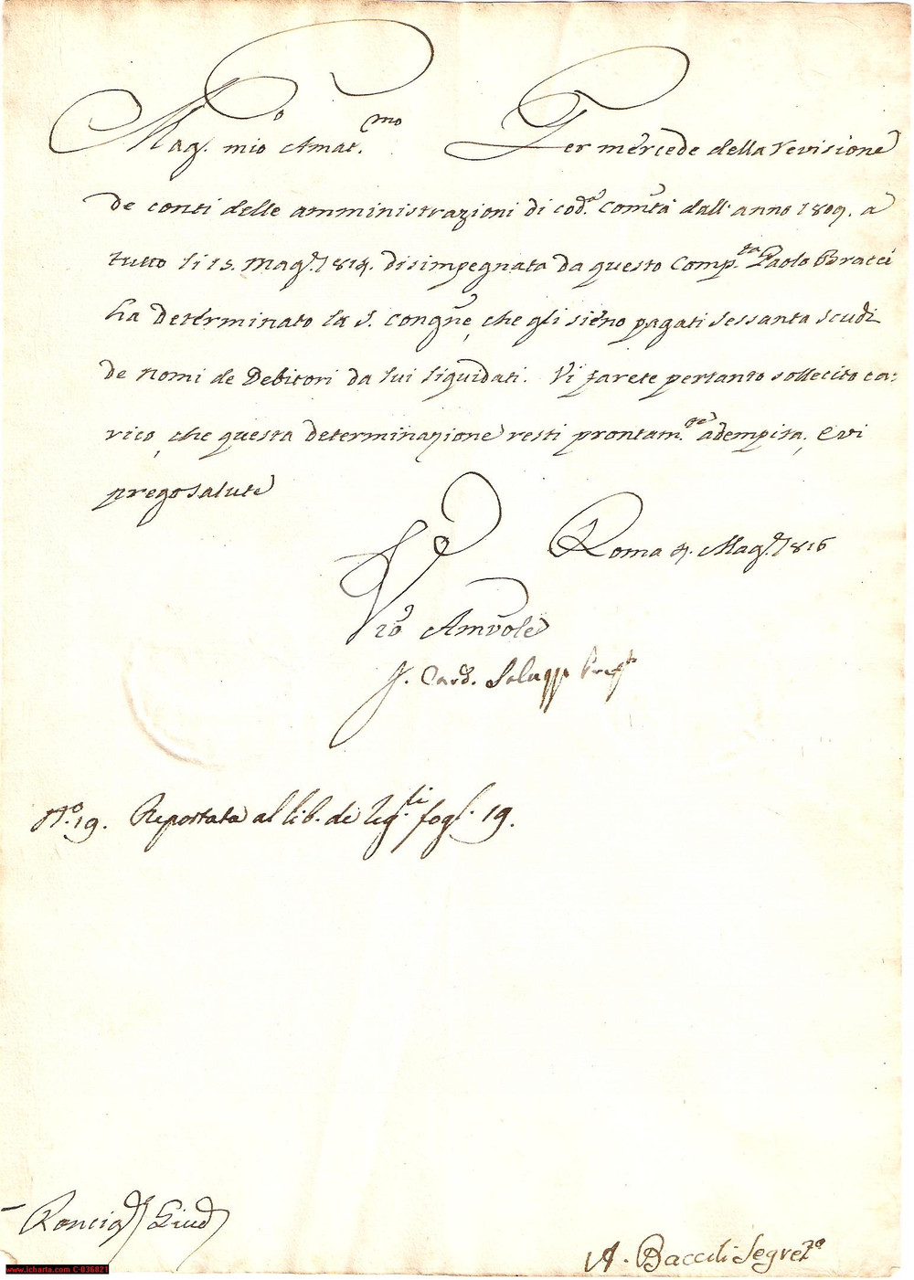 Documento originale, autentico 1816 ROMA Card. Ferdinando M. SALUZZO pro Paolo BRACCI 1