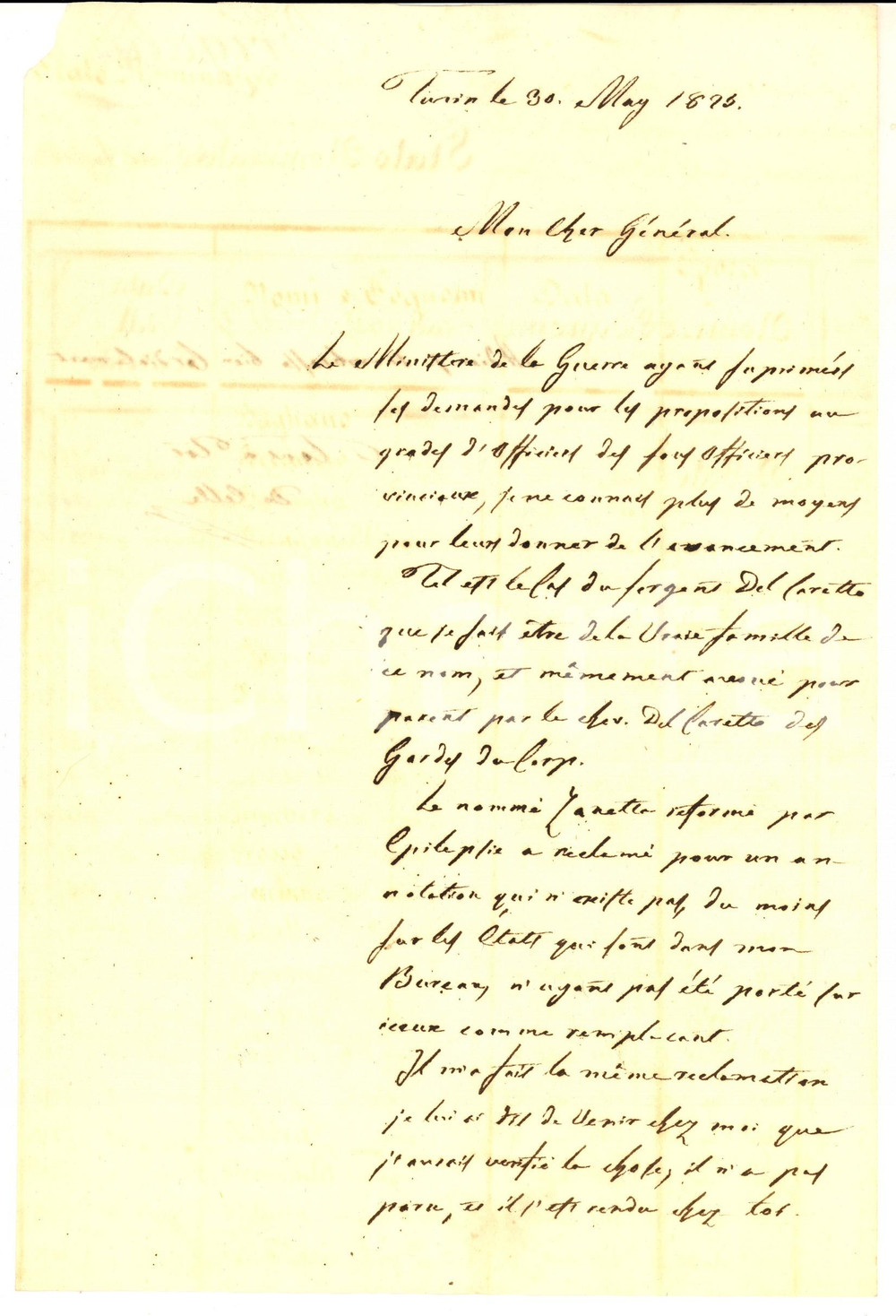 Documento originale, autentico 1825 TORINO Colonnello DI CELLE su nomina del sergente DEL CARRETTO *Autografo 1