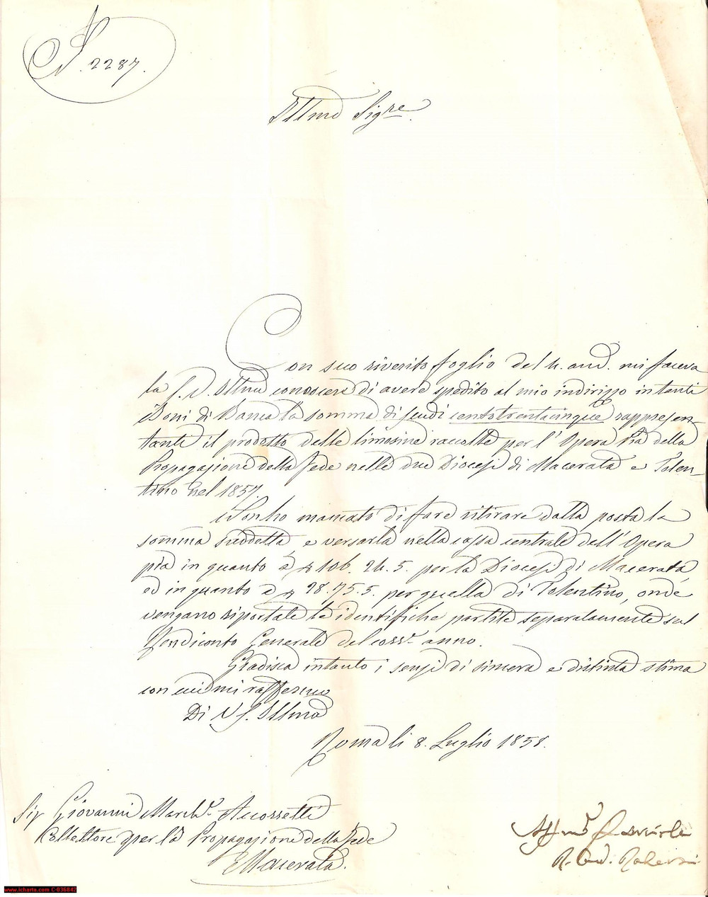 Manoscritto, lettera originale 1858 TOLENTINO (MC) Fondi per Opera PROPAGAZIONE FEDE 1