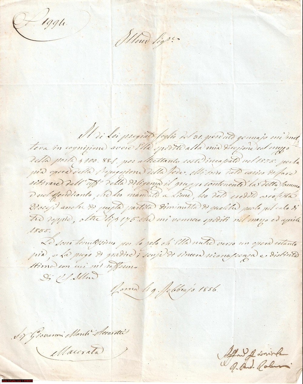 Manoscritto, lettera originale 1856 MACERATA Dono ACCORETTI Opera Propagazione Fede 1