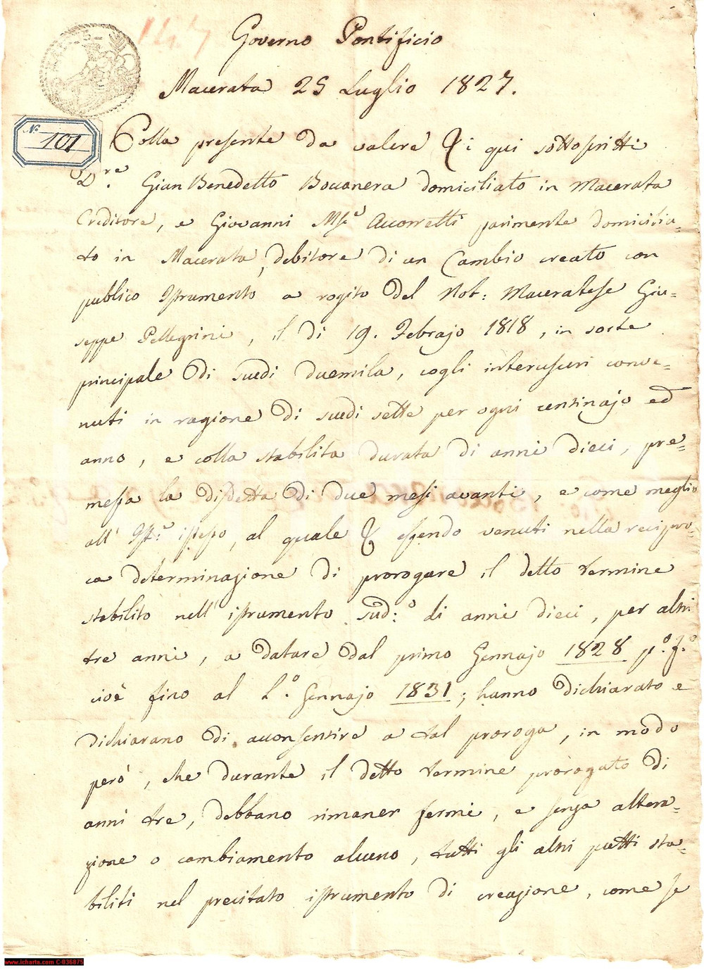 Documento originale, autentico 1827 MACERATA Gian Benedetto BOCCANERA proroga cambiale 1