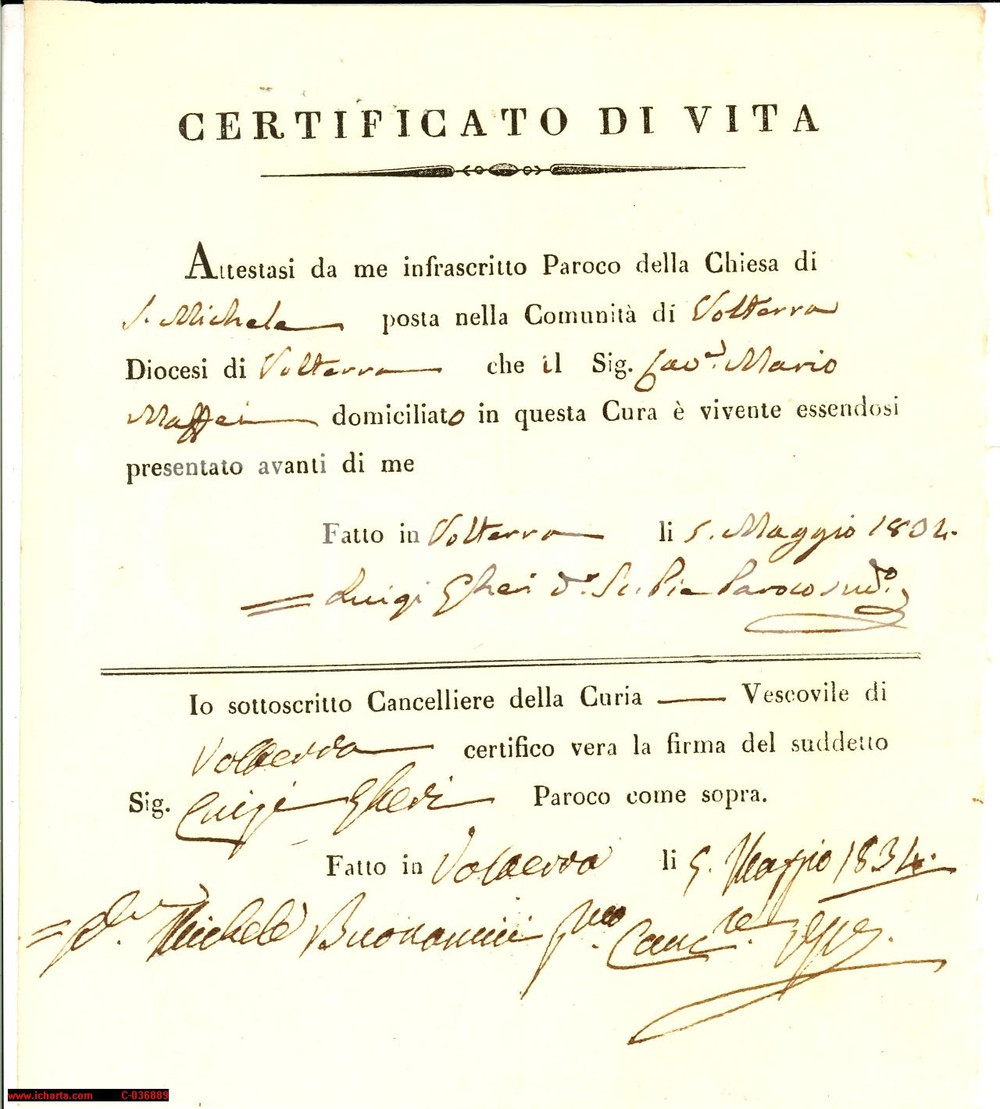 Documento originale, autentico 1802 VOLTERRA (PI) Certificato di vita Mario MAFFEI 1