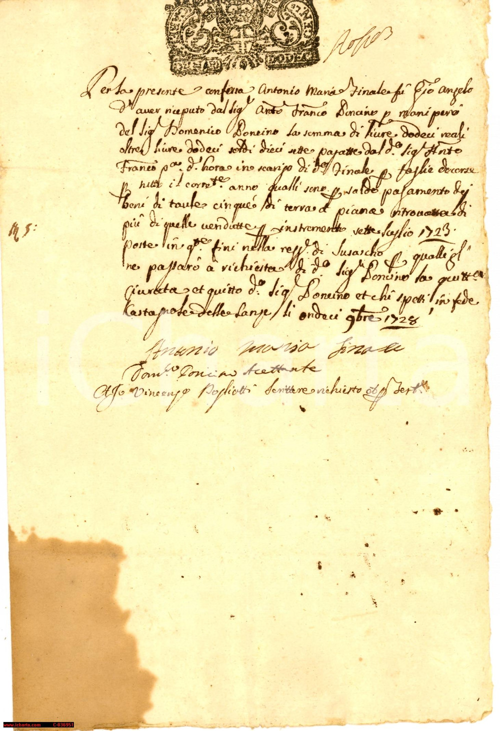 Manoscritto, lettera originale 1728 CASTAGNOLE DELLE LANZE (AT) Fitto terreno 1