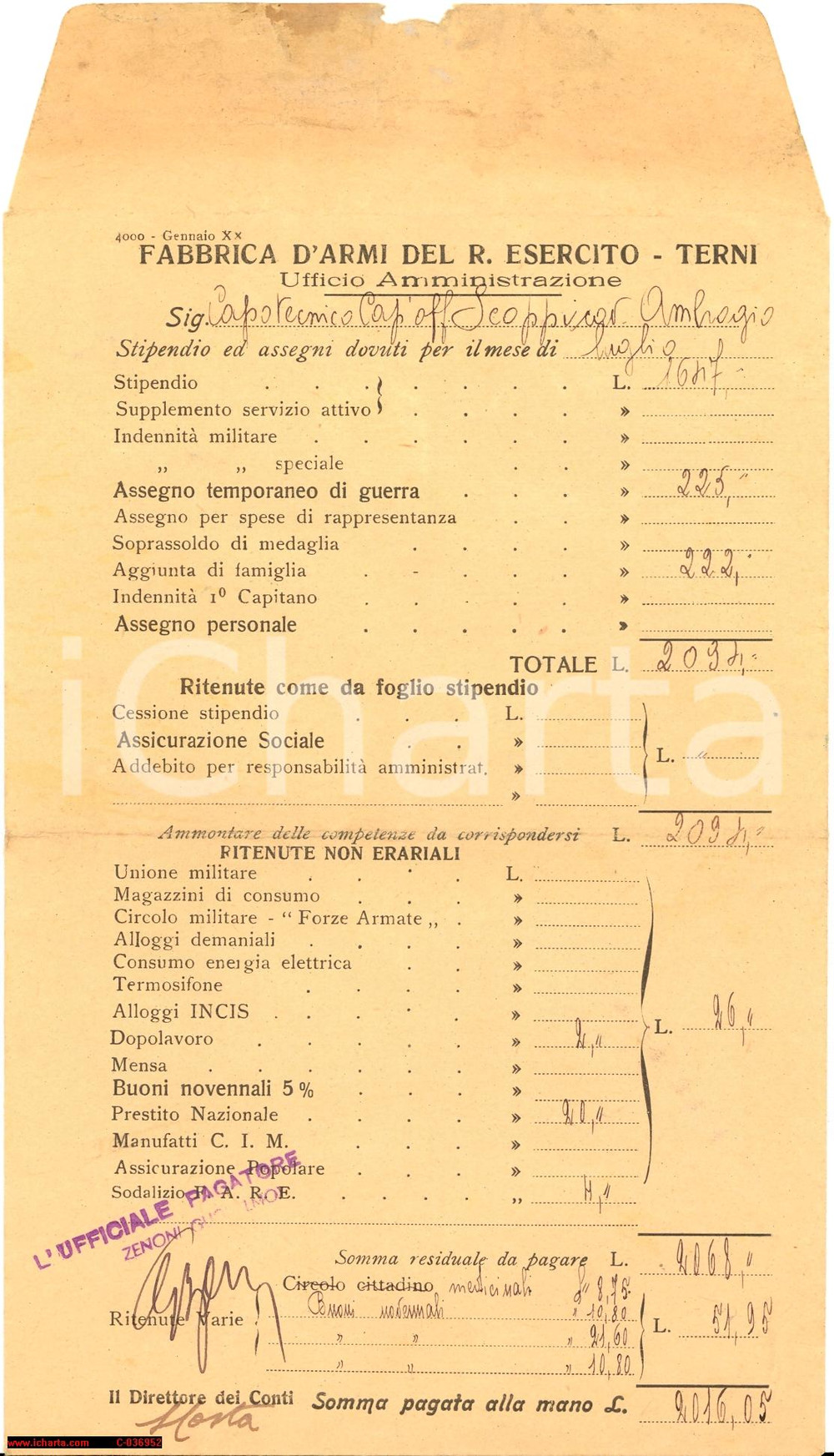 Documento originale, autentico 1942 TERNI FABBRICA D'ARMI Busta paga capotecnico 1