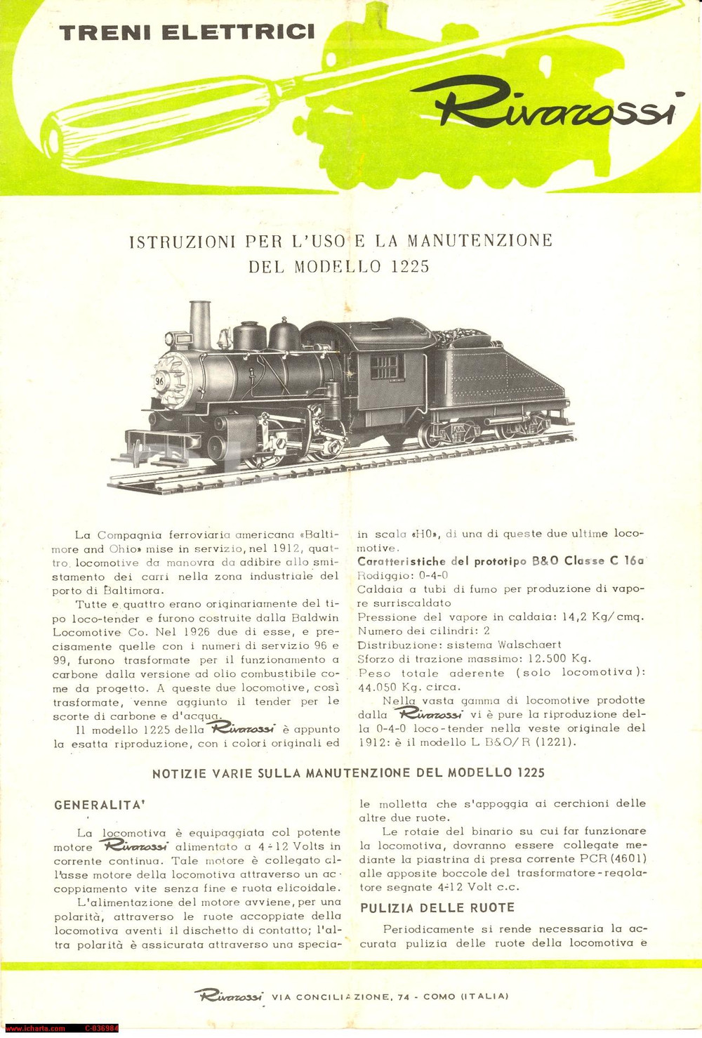 Materiale pubblicitario d’epoca 1955 COMO Treni elettrici RIVAROSSI Istruzioni per l'uso del modello 1225 1