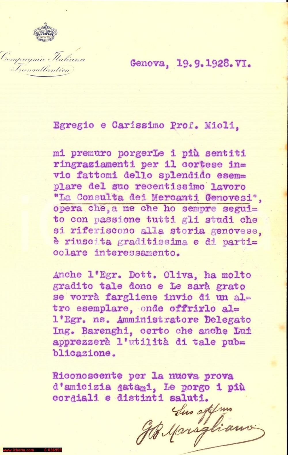 Documento originale, autentico 1928 COMPAGNIA ITALIANA TRANSATLANTICA Maragliano 1