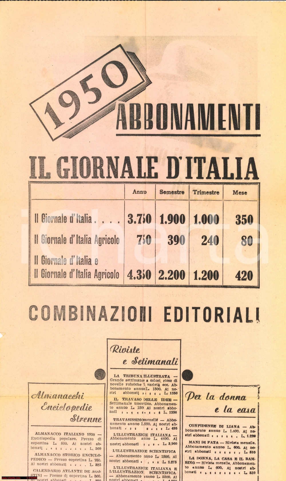 Giornale, rivista storica 1950 IL GIORNALE D'ITALIA locandina abbonamenti 1