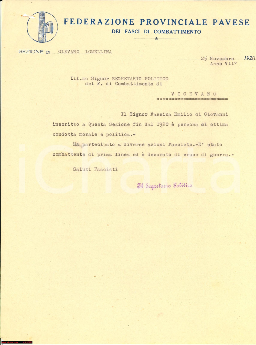 Documento originale, autentico 1928 OLEVANO LOMELLINA Fasci di Combattimento 1