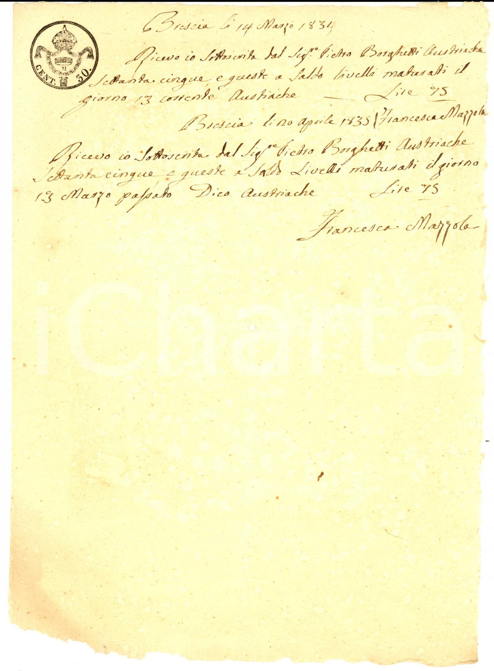 Documento originale, autentico 1832 BRESCIA Ricevuta di Francesca MAZZOLA a Pietro BORGHETTI *Bollo 30 cent. 1