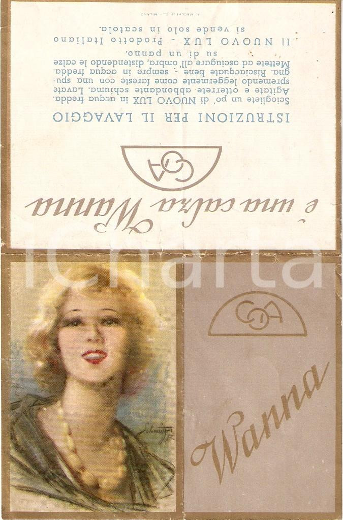 Materiale pubblicitario d’epoca 1950 ca CALZE WANNA consigliano detersivo NUOVO LUX *Etichetta pubblicitaria 1