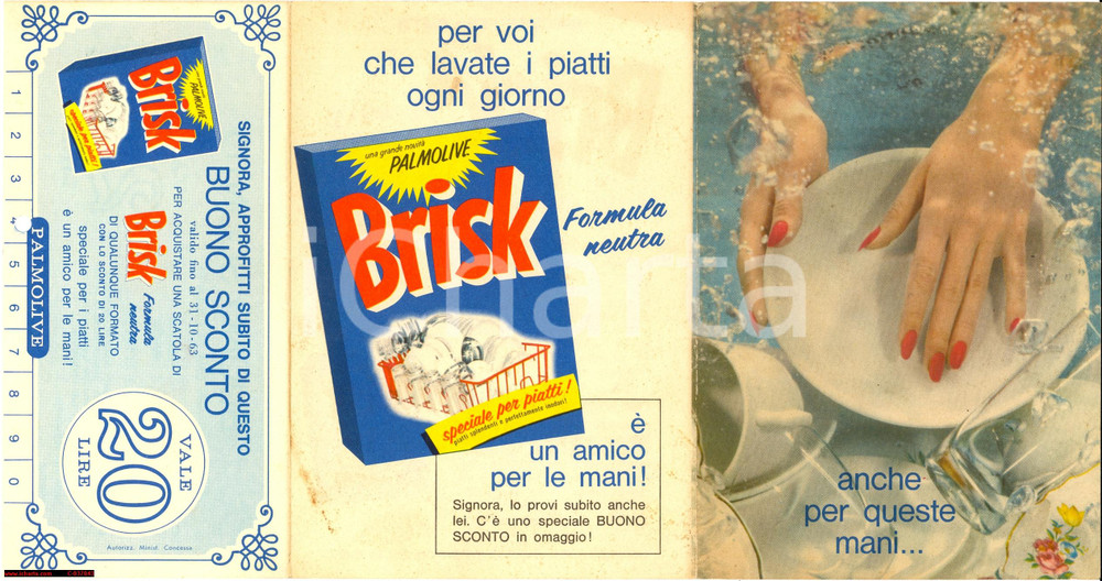 Materiale pubblicitario d’epoca 1963 PALMOLIVE BRISK pieghevole buono sconto 1