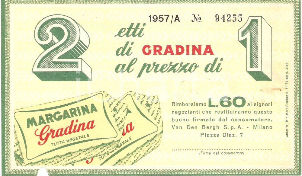 Materiale pubblicitario d’epoca 1957 MARGARINA GRADINA Buono sconto *PubblicitÃ  ILLUSTRATA 1