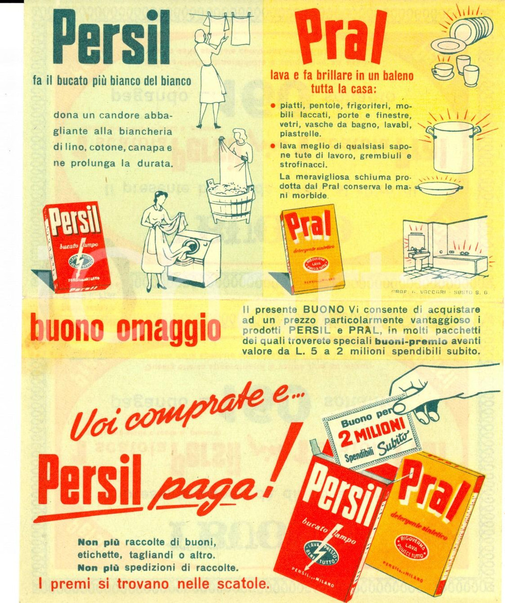 Materiale pubblicitario d’epoca 1955 ca Detersivi PERSIL - PRAL Pubblicità ILLUSTRATA - 2 buoni sconto *VINTAGE 1