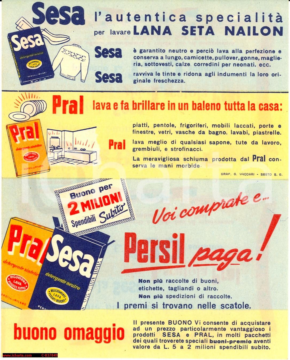 Materiale pubblicitario d’epoca 1960 ca DETERSIVI PERSIL Buono sconto PRAL - SESA ^Pubblicità ILLUSTRATA 1