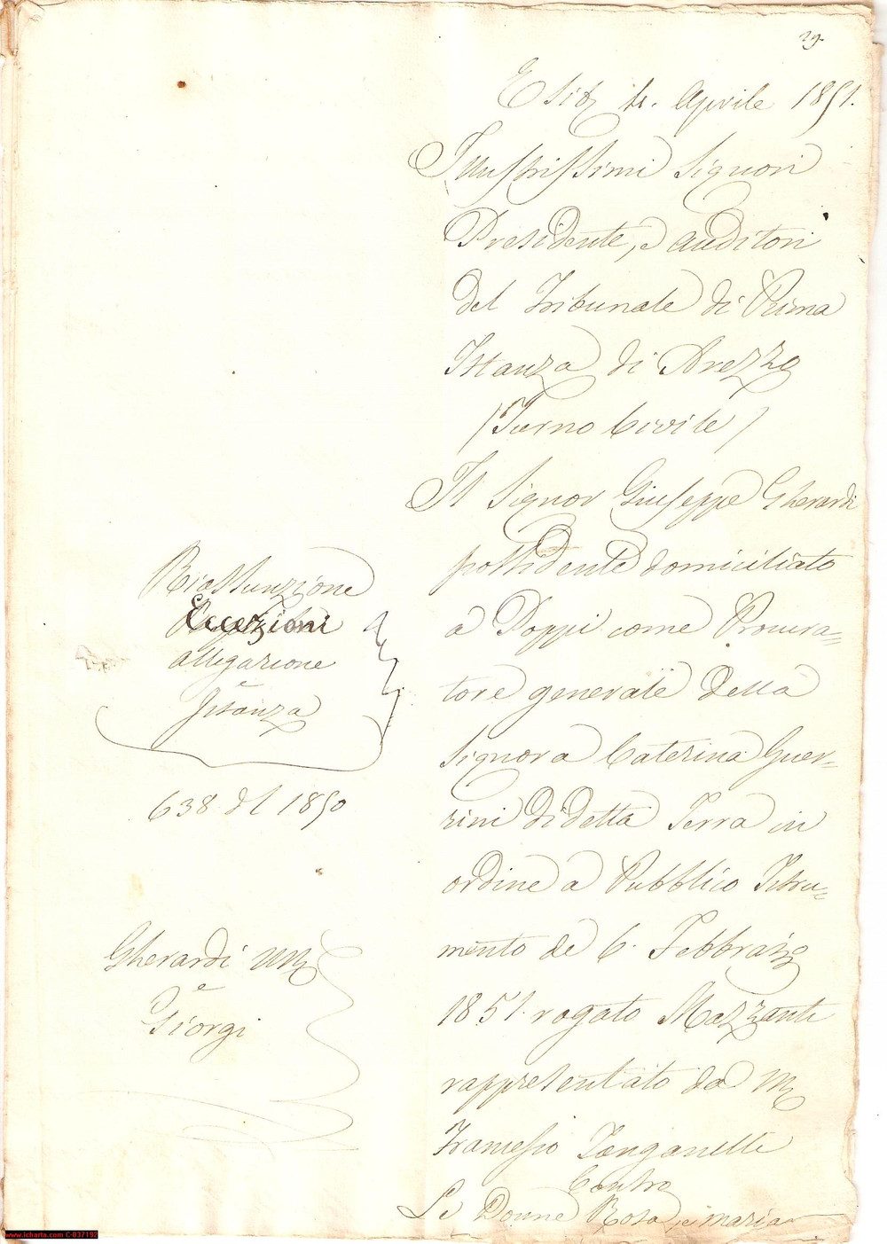 Documento originale, autentico 1851 POPPI AR Caterina GUERRINI difende figlio naturale 1