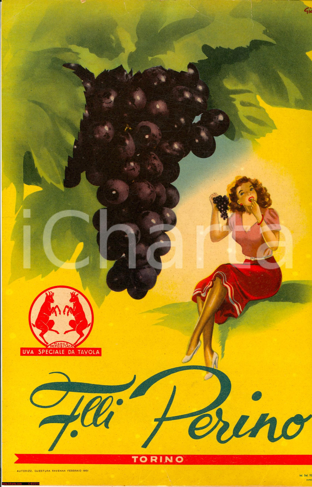 Materiale pubblicitario d’epoca 1951 TORINO F.lli PERINO Uva speciale ill. GIANROSA 1
