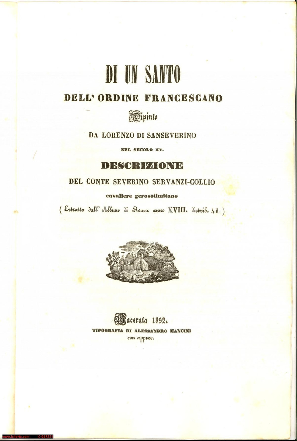 Oggetto da collezione cartaceo 1852 POLLENZA (MC) SERVANZI-COLLIO Di un santo dipinto 1