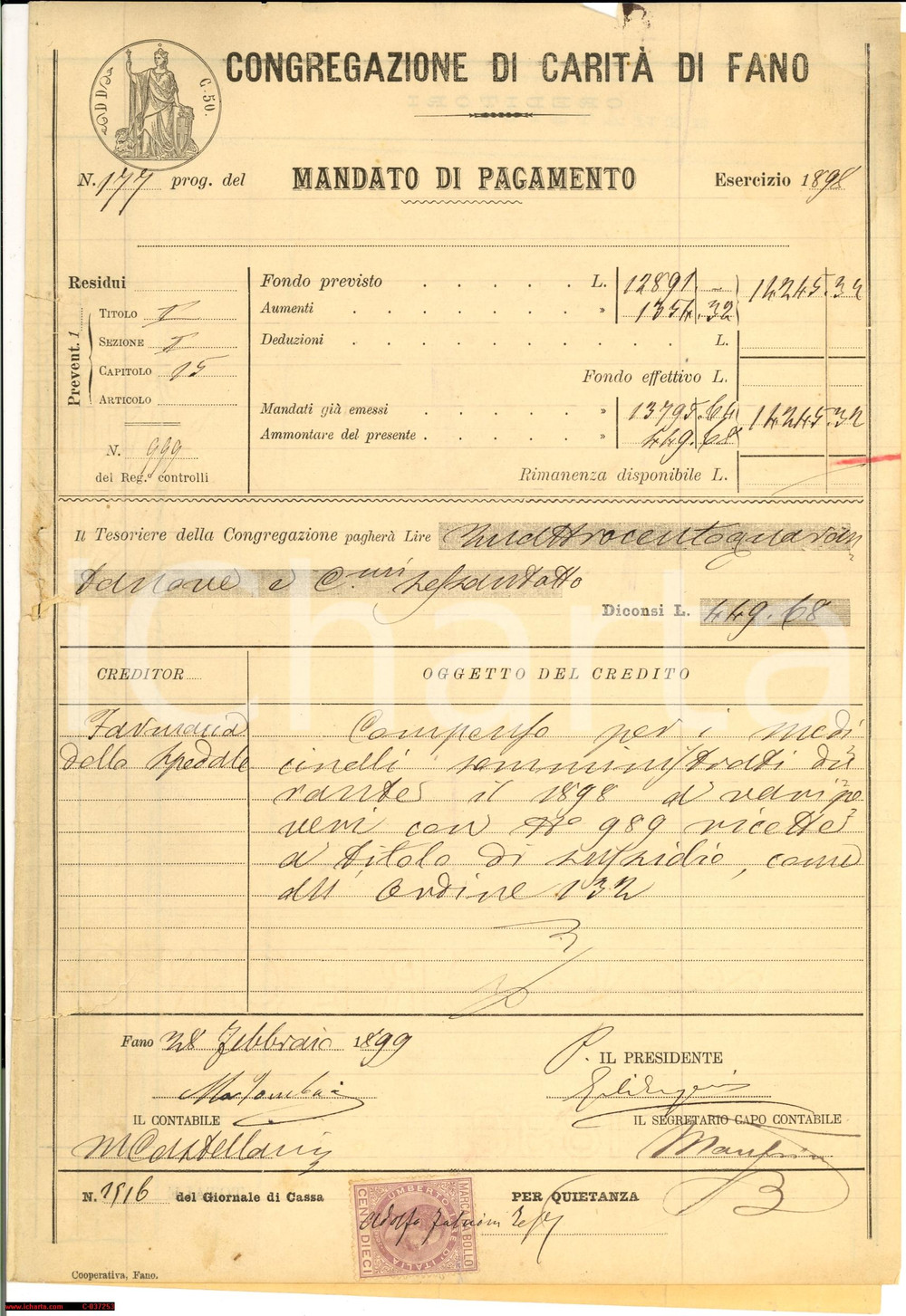 Documento originale, autentico 1898 FANO (PU) Congregazione di CaritÃ  salda farmacia 1