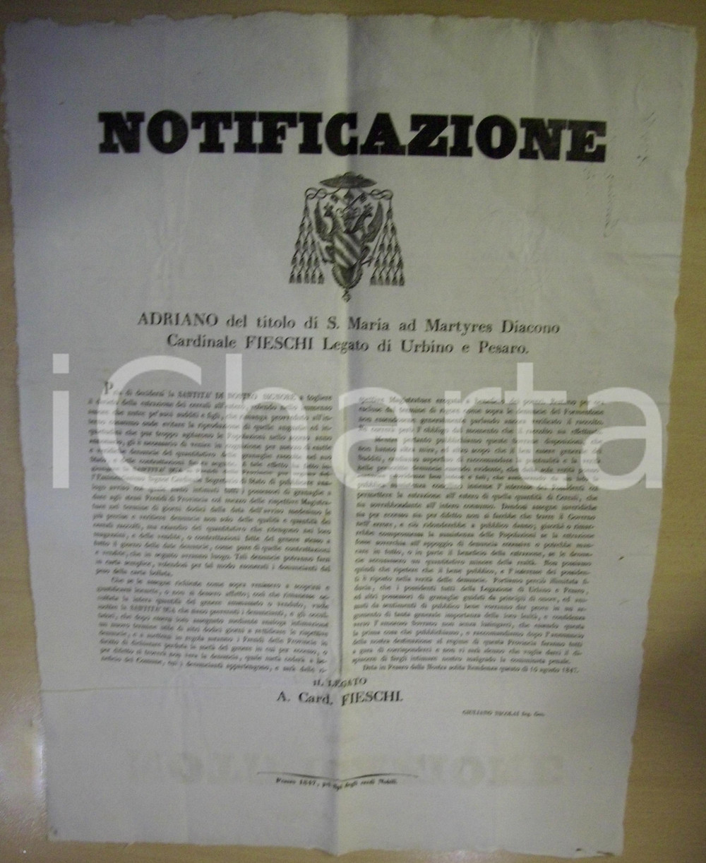 Documento originale, autentico 1847 PESARO Grano raccolto nello Stato Pontificio 40x55 1