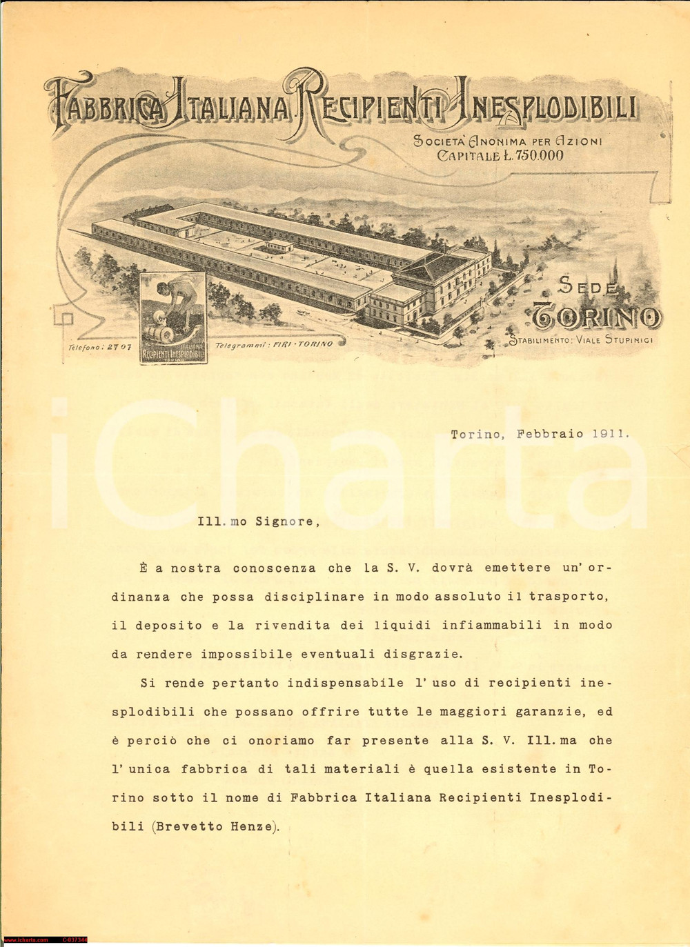 Materiale pubblicitario d’epoca 1911 TORINO Fabbrica Italiana Recipienti Inesplodibili 1