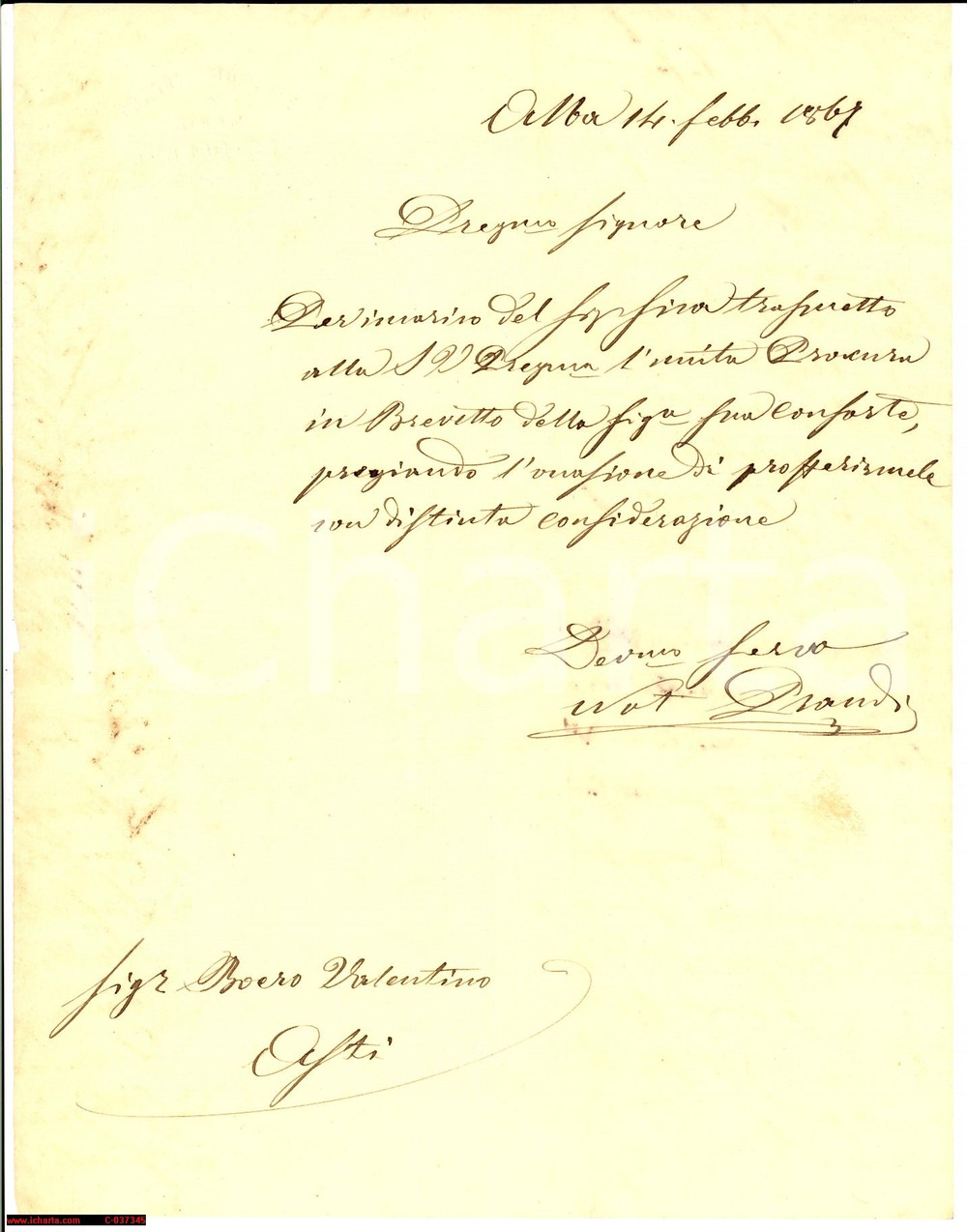 Manoscritto, lettera originale 1867 DIANO D'ALBA (CN) Lettera notaio Giuseppe PRANDI 1