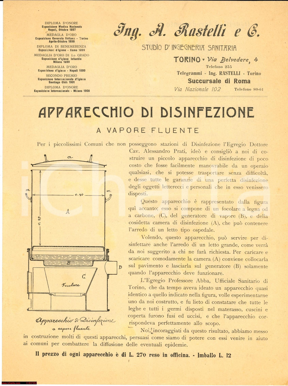 Materiale pubblicitario d’epoca 1910 ca TORINO Apparecchio di disinfezione a vapore fluente ing. RASTELLI 1