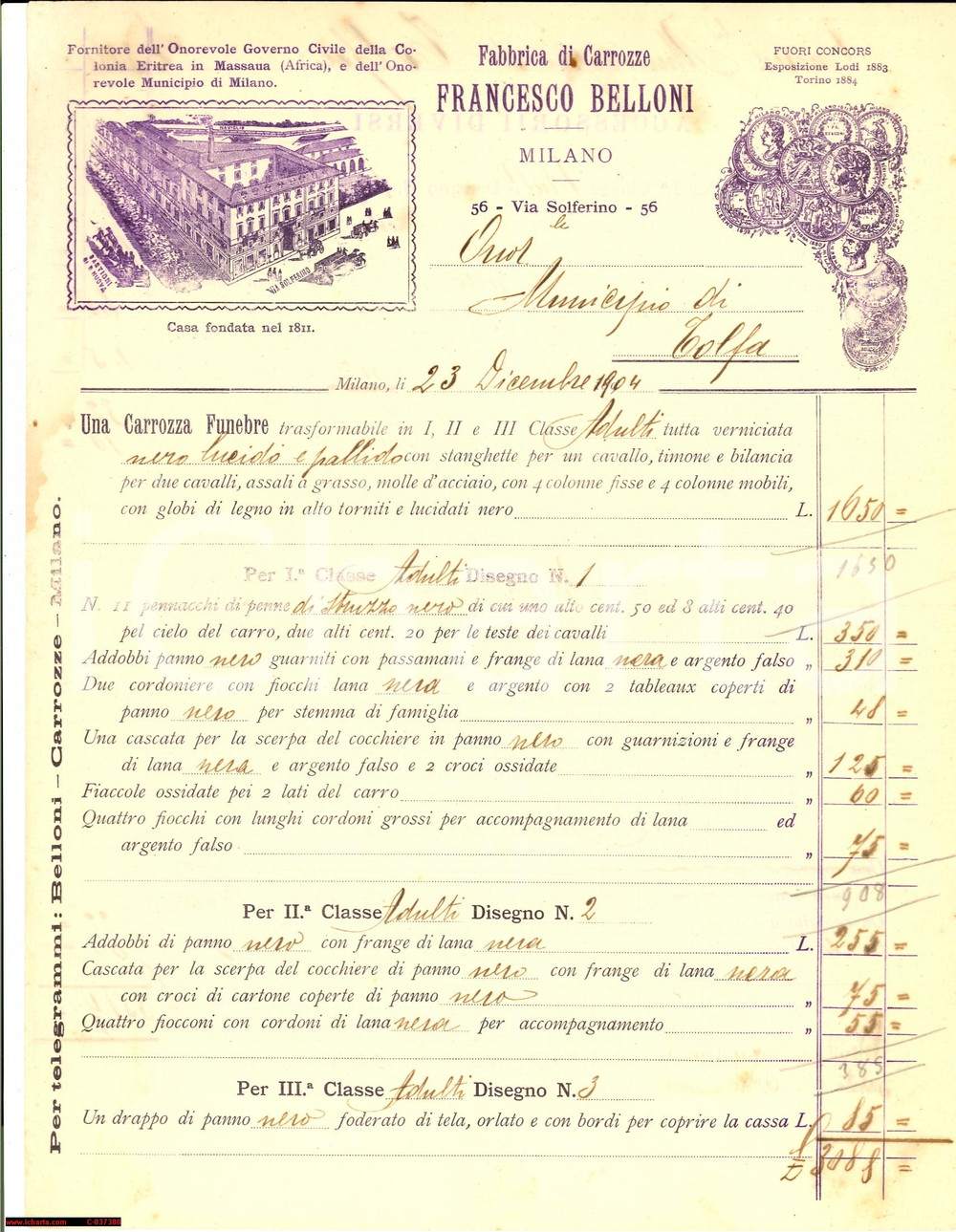 Materiale pubblicitario d’epoca 1904 MILANO Fabbrica carrozze funebri Francesco BELLONI 1