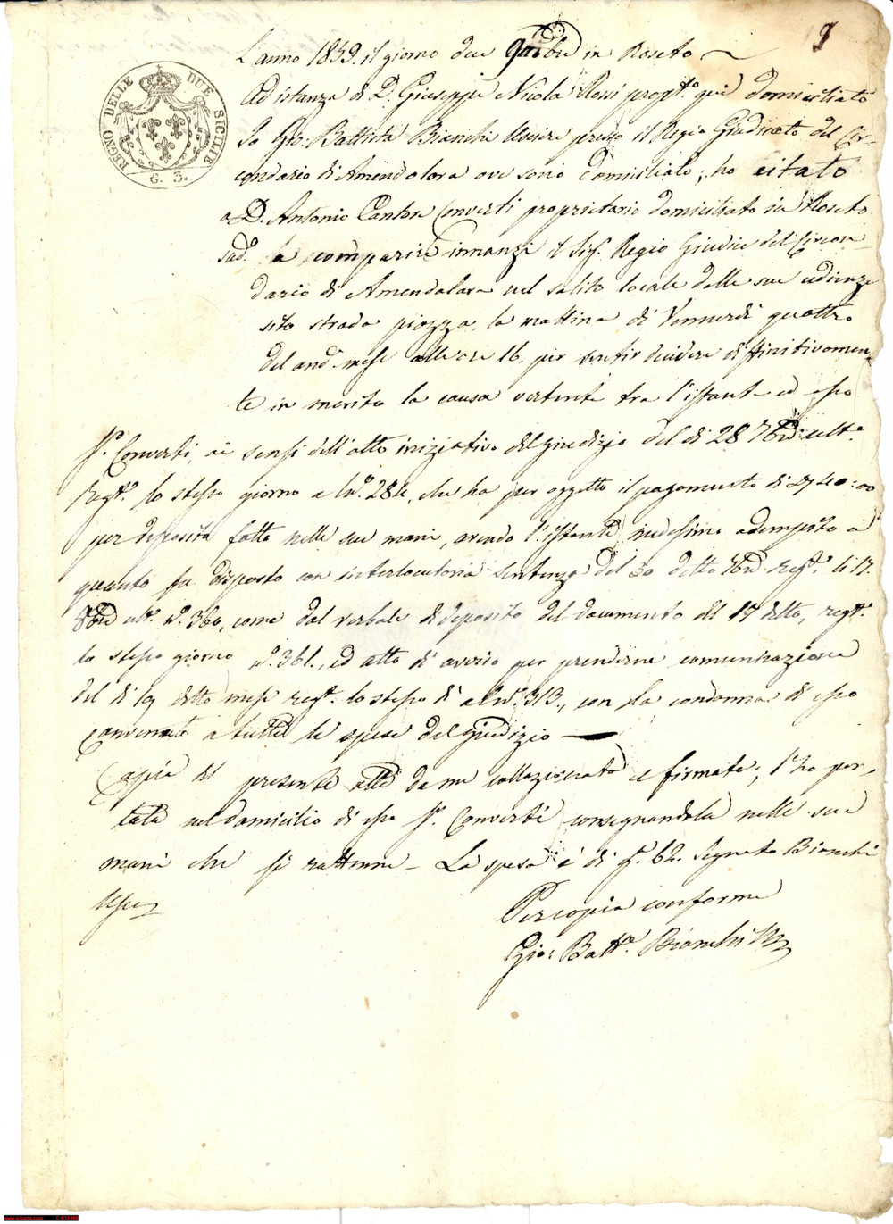 Documento originale, autentico 1859 ROSETO DEGLI ABRUZZI (TE) Mandato di comparizione Antonio Cantore CONVERTI 1