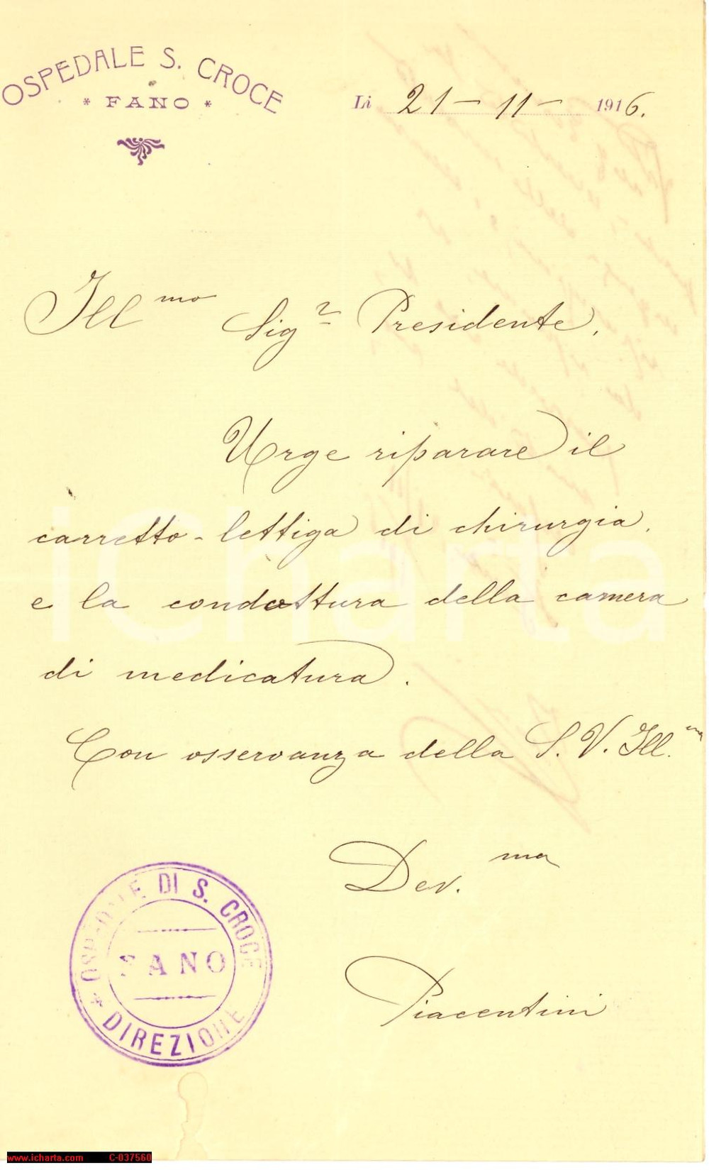 Documento originale, autentico 1916 FANO (PU) Riparazione lettiga Ospedale SANTA CROCE 1