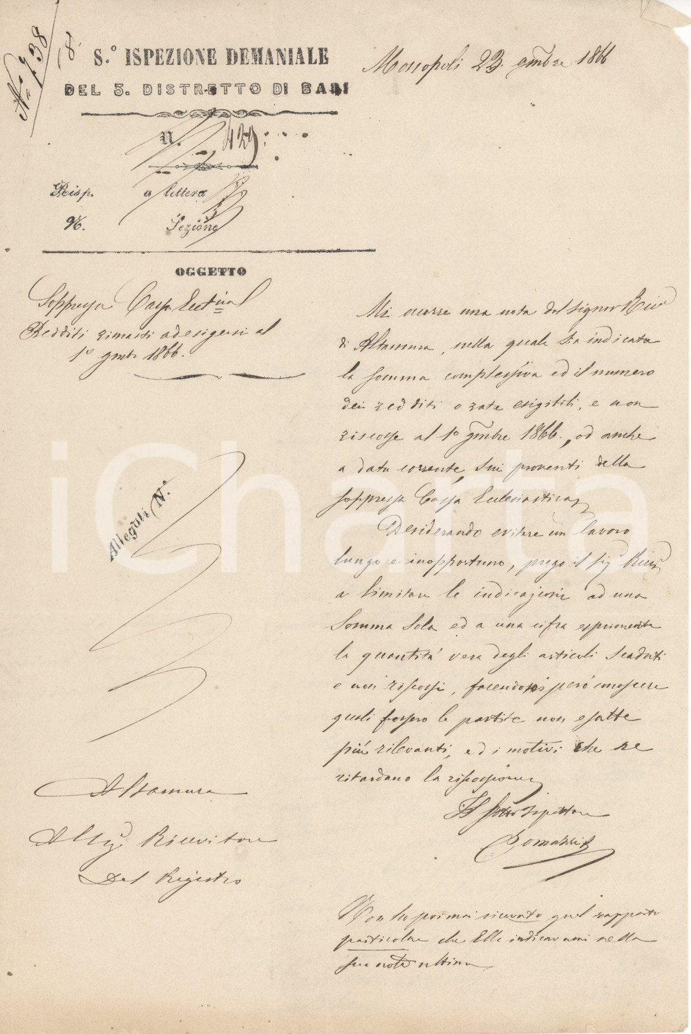 Manoscritto, lettera originale 1866 ALTAMURA (BA) Redditi e censi del ricevitore RIVA 1