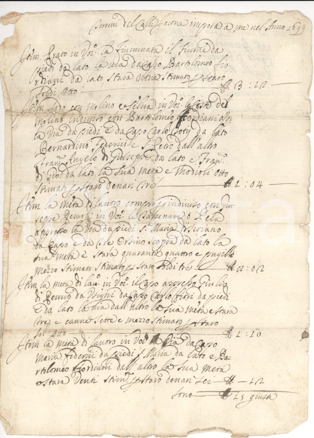 Documento originale, autentico 1699 COLLE GIACONE (PG) Terre possedute Carlo BENEDETTI 1