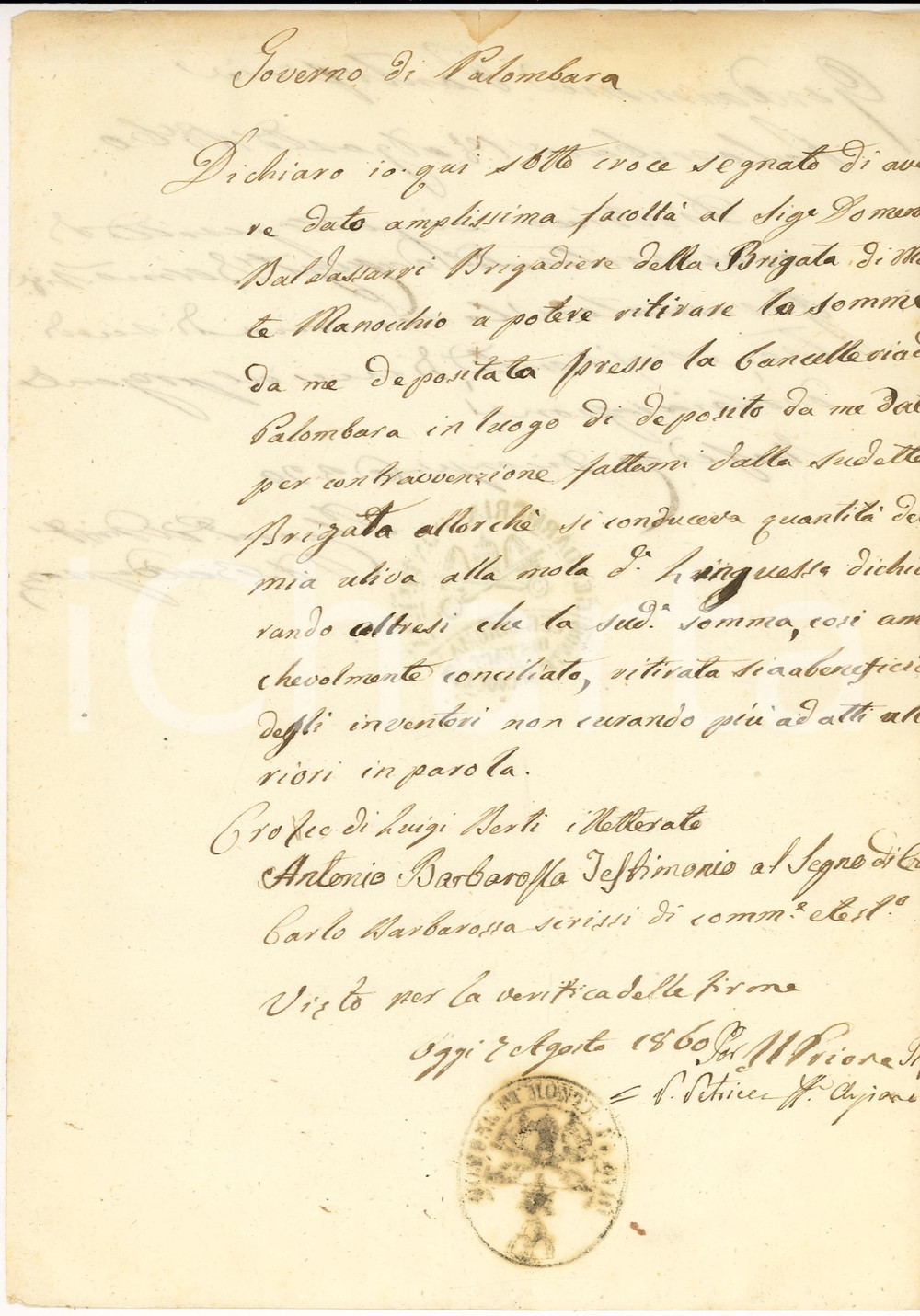 Documento originale, autentico 1860 NEROLA Luigi LIBERTI paga multa su trasporto olive 1