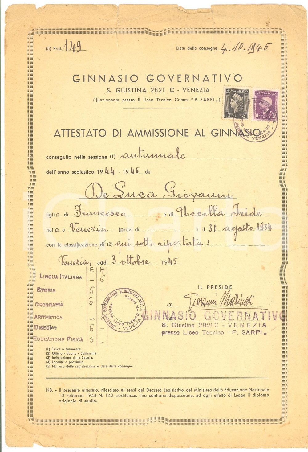 Oggetto da collezione cartaceo 1945 VENEZIA Attestato Giovanni DE LUCA al Ginnasio 1
