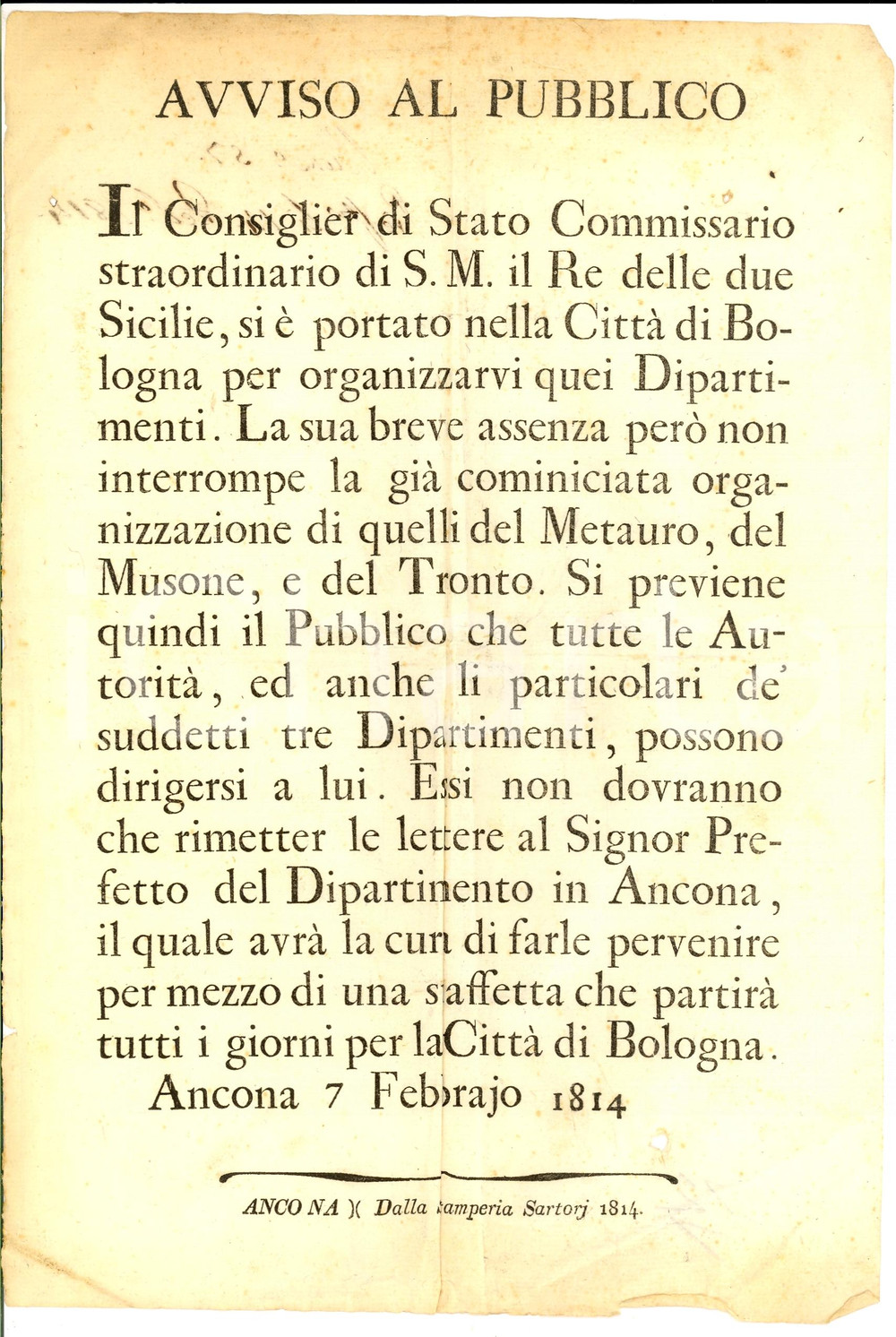 Documento originale, autentico 1814 REGNO D'ITALIA Organizzazione Dipartimento METAURO 1