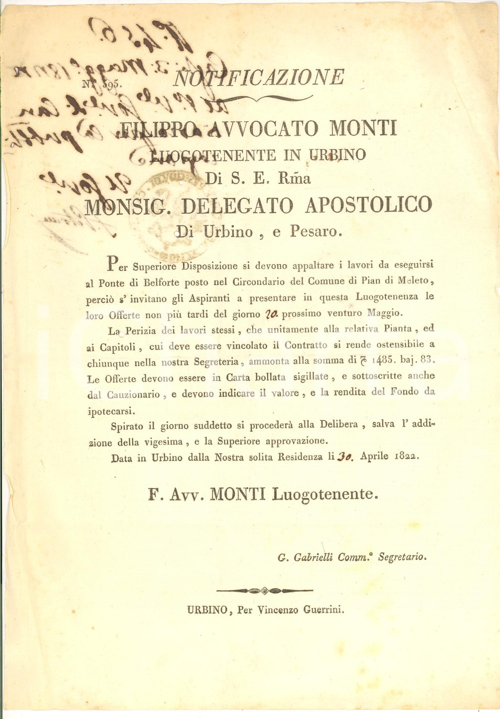 Documento originale, autentico 1823 BELFORTE ALL'ISAURO Lavori al ponte PIAN DI MELETO 1