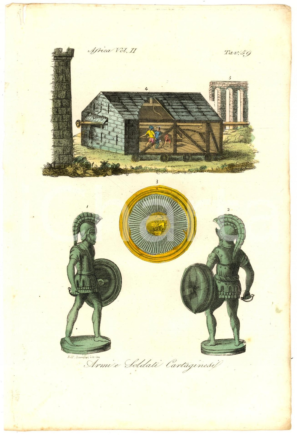 Stampa, bozzetto originale 1823 Inc. Andrea BERNIERI Armi e soldati Cartaginesi 1