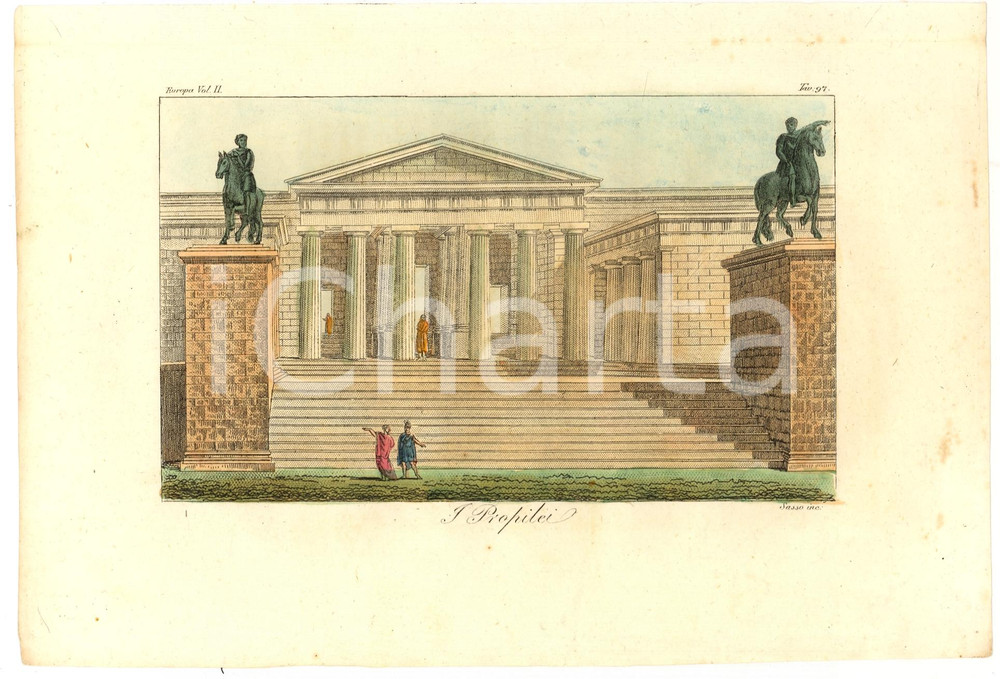 Stampa, bozzetto originale 1823 ATENE I Propilei Inc. SASSO Stampa colorata a mano 1