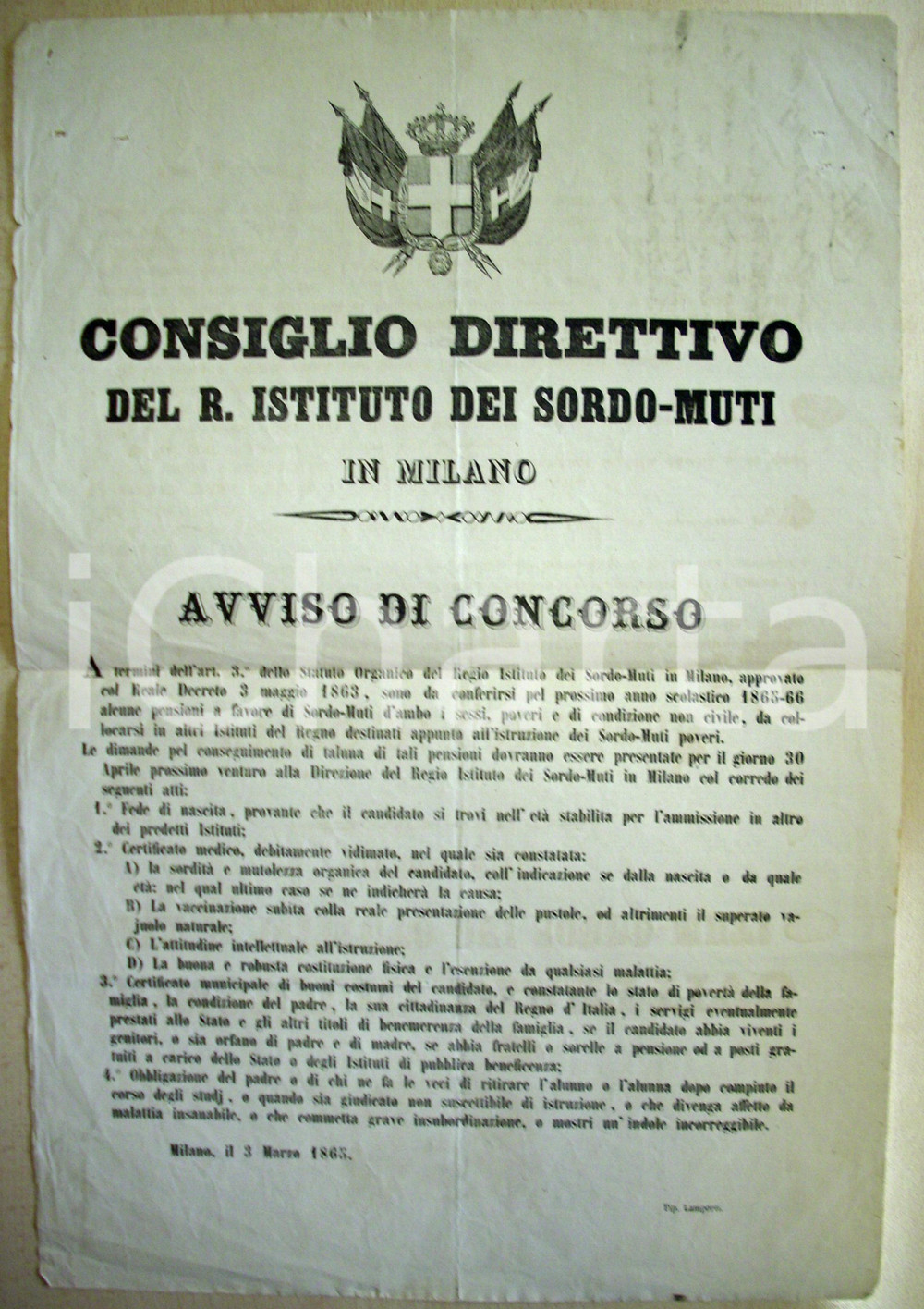Documento originale, autentico 1865 MILANO Ammissione poveri Istituto dei SORDOMUTI 1