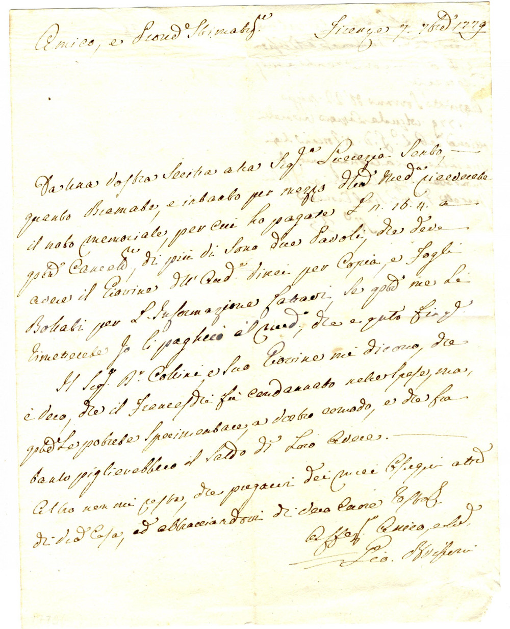 Documento originale, autentico 1779 FIRENZE Giovanni BISCHERO invia il noto memoriale 1