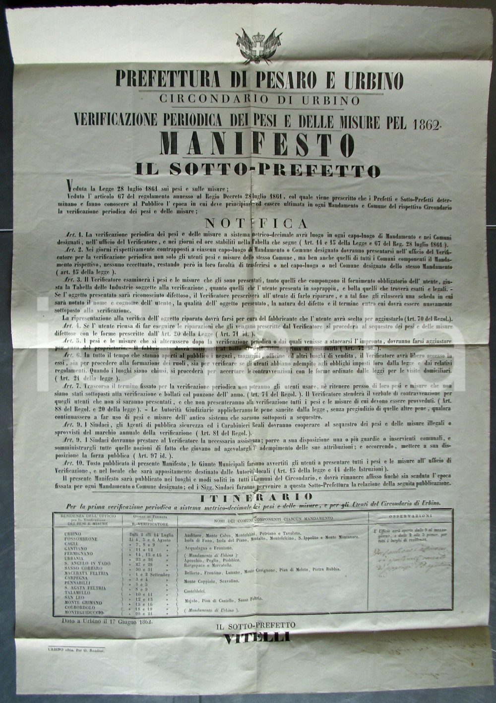 Documento originale, autentico 1862 URBINO Itinerario verificazione di PESI e MISURE 1