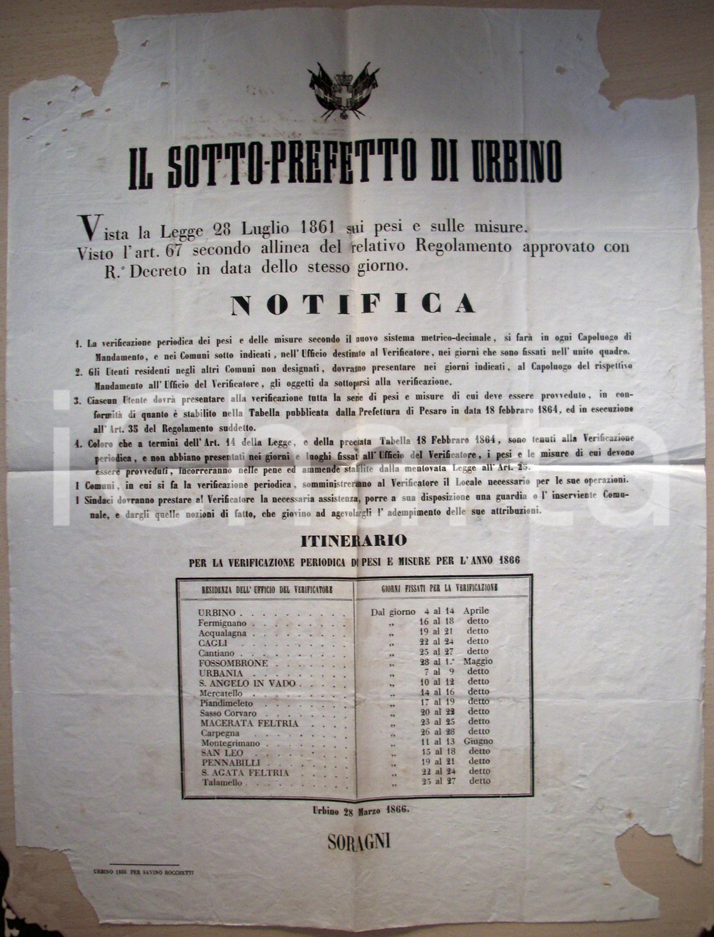 Documento originale, autentico 1866 URBINO Itinerario verifica pesi e misure Manifesto 1